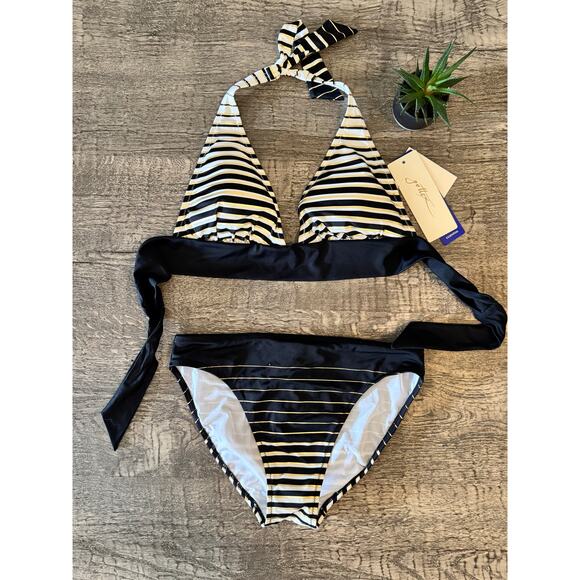 Gottex Striped Bikini Set 8 Nautical Black White Gold Tie Halter Retro Swimwear - Picture 1 of 3